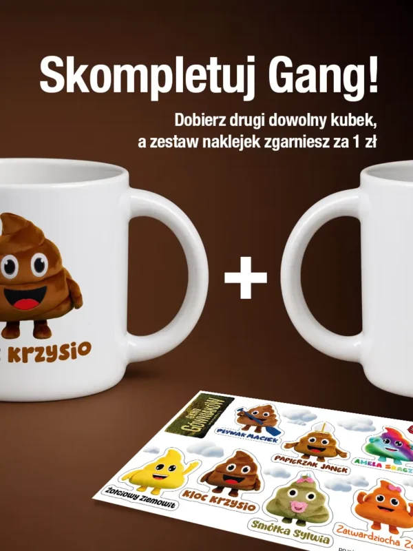 Biały kubek ceramiczny 400 ml z nadrukiem Kloc Krzysio z serii Gang Gówniaków