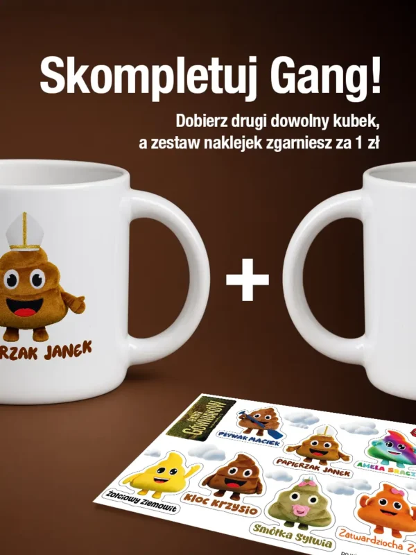 Biały kubek ceramiczny 400 ml z nadrukiem Papierzak Janek z serii Gang Gówniaków
