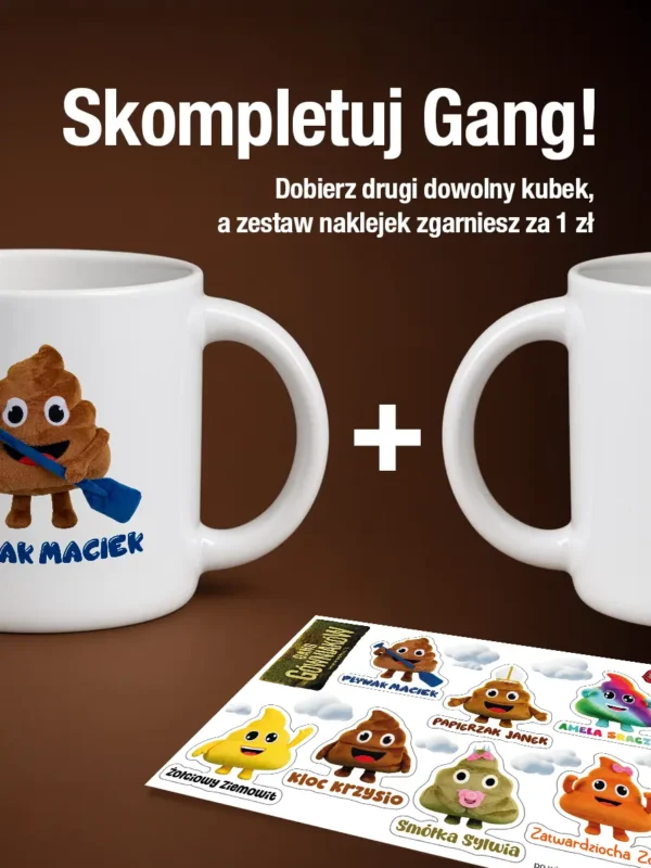 Biały kubek ceramiczny 400 ml z nadrukiem Pływak Maciek z serii Gang Gówniaków