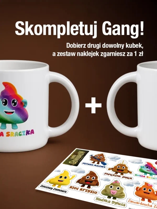 Biały kubek ceramiczny 400 ml z nadrukiem Amela Sraczka z serii Gang Gówniaków