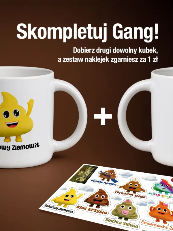Biały kubek ceramiczny 400 ml z nadrukiem Żółciowy Ziemowit z serii Gang Gówniaków