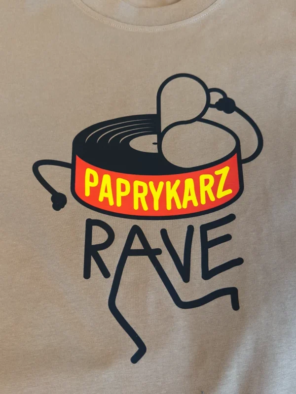 Koszulka oversize paprykarz rave z grafiką konserwy stylizowanej na gramofon i płytę winylową