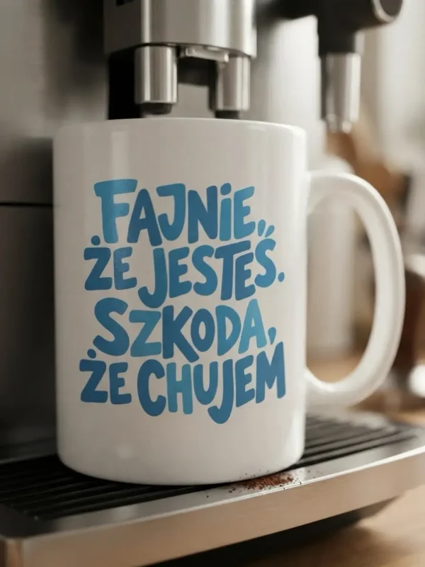 Kubek "Fajnie, że jesteś" - zabawny prezent z ironicznym napisem