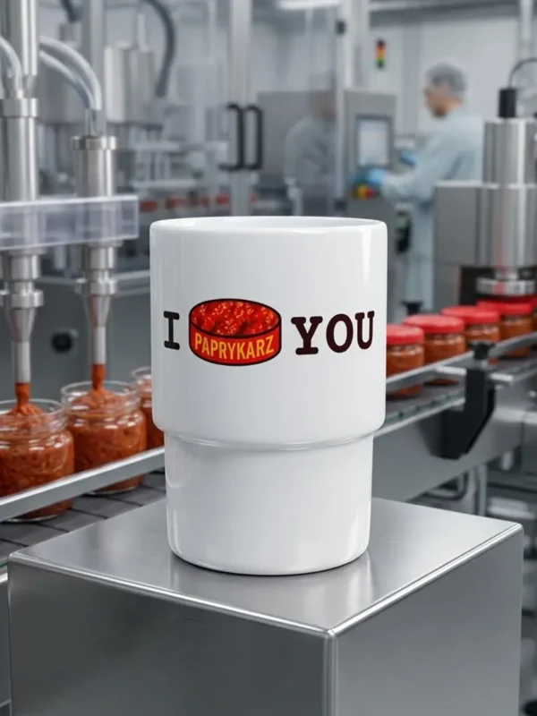 Gruby ceramiczny kubek bez ucha o pojemności 300 ml z parodią hasła I love you wykorzystującą puszkę paprykarza i rave