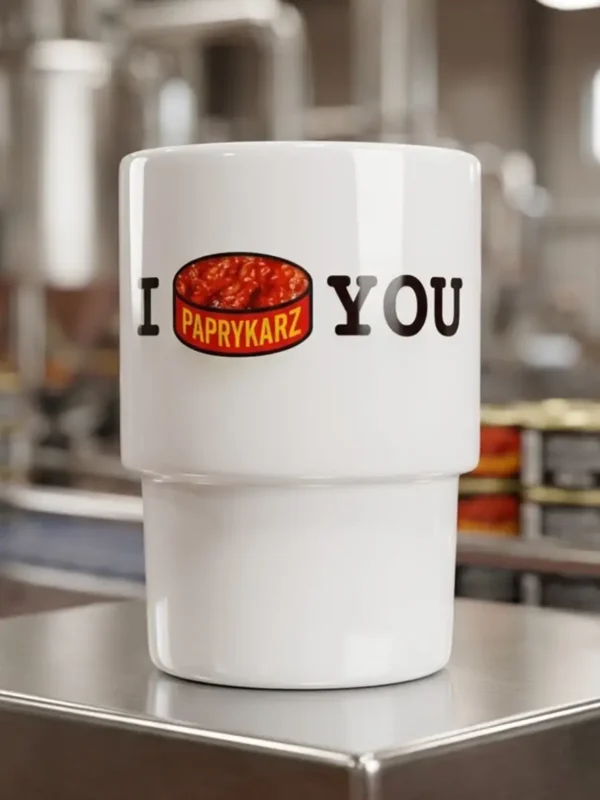 Gruby ceramiczny kubek bez ucha o pojemności 300 ml z parodią hasła I love you wykorzystującą puszkę paprykarza i rave