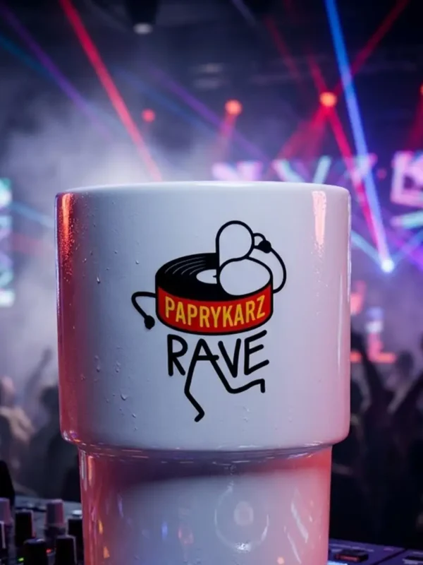 Ceramiczny kubek 300 ml paprykarz rave z grafiką stanowiącą hołd dla Szczecina i Rave