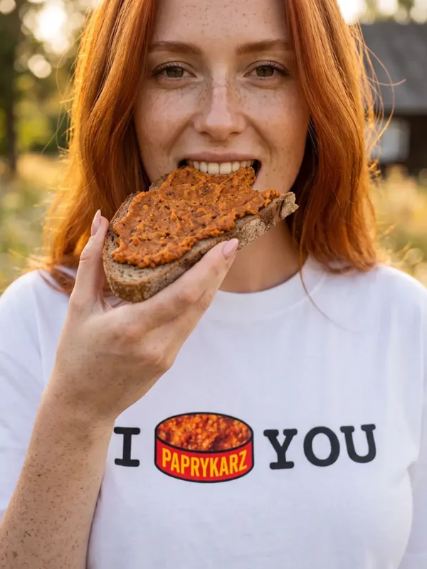 Biała koszulka oversize z parodią hasła I love you wykorzystującą puszkę paprykarza