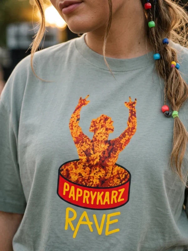Koszulka paprykarz rave, ironiczna odpowiedź na modne eventy, projekt związany ze Szczecinem