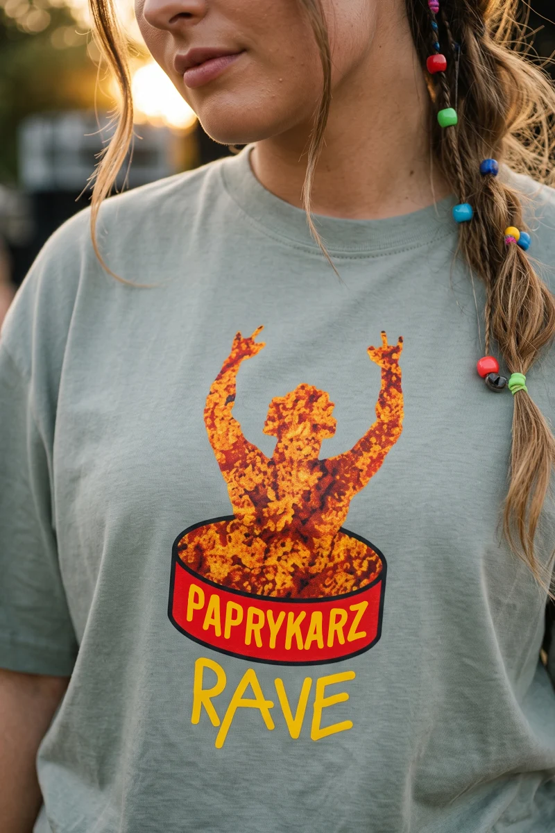 Koszulka paprykarz rave, ironiczna odpowiedź na modne eventy, projekt związany ze Szczecinem