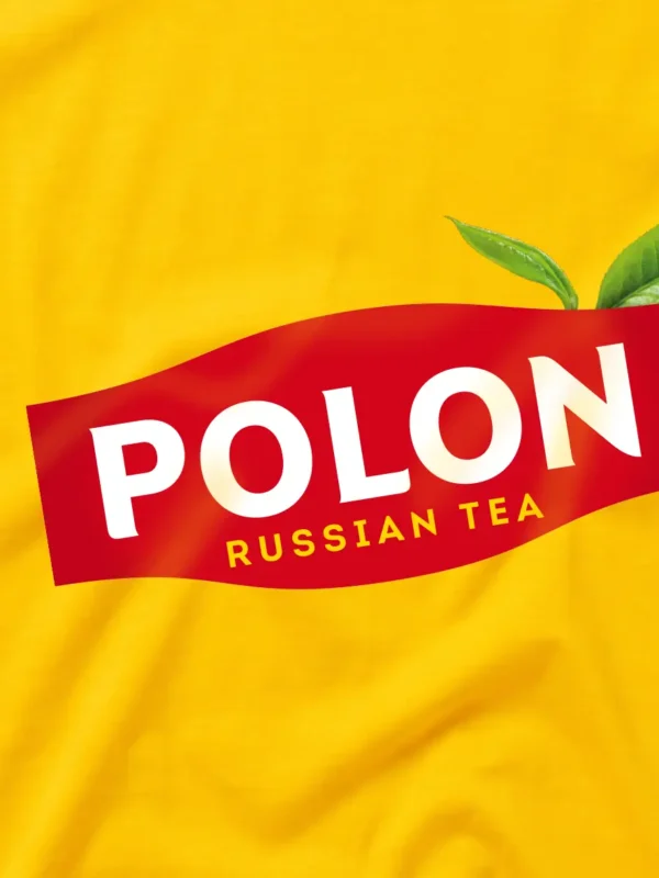 Żółta koszulka z nadrukiem Polon Russian Tea, będącym parodią znanego logo herbaty Lipton