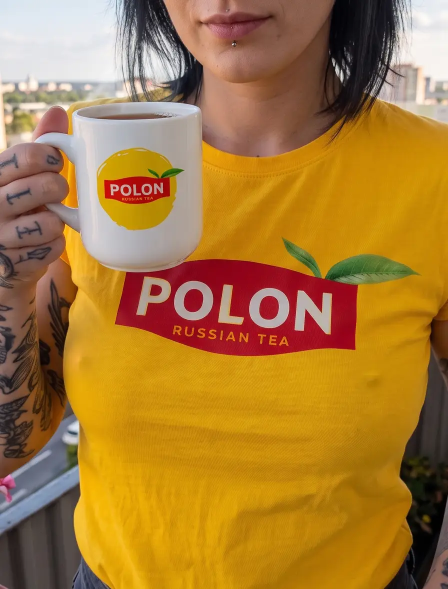 Zestaw prezentowy zawierający żółtą koszulkę i biały kubek ceramiczny z nadrukiem Polon Russian Tea, parodiującym znane logo Lipton