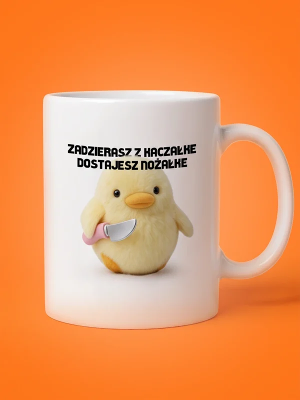 Biały ceramiczny kubek z nadrukiem puchatego żółtego pisklęcia trzymającego nóż oraz napisem zadzierasz z kaczałke dostajesz nożałke