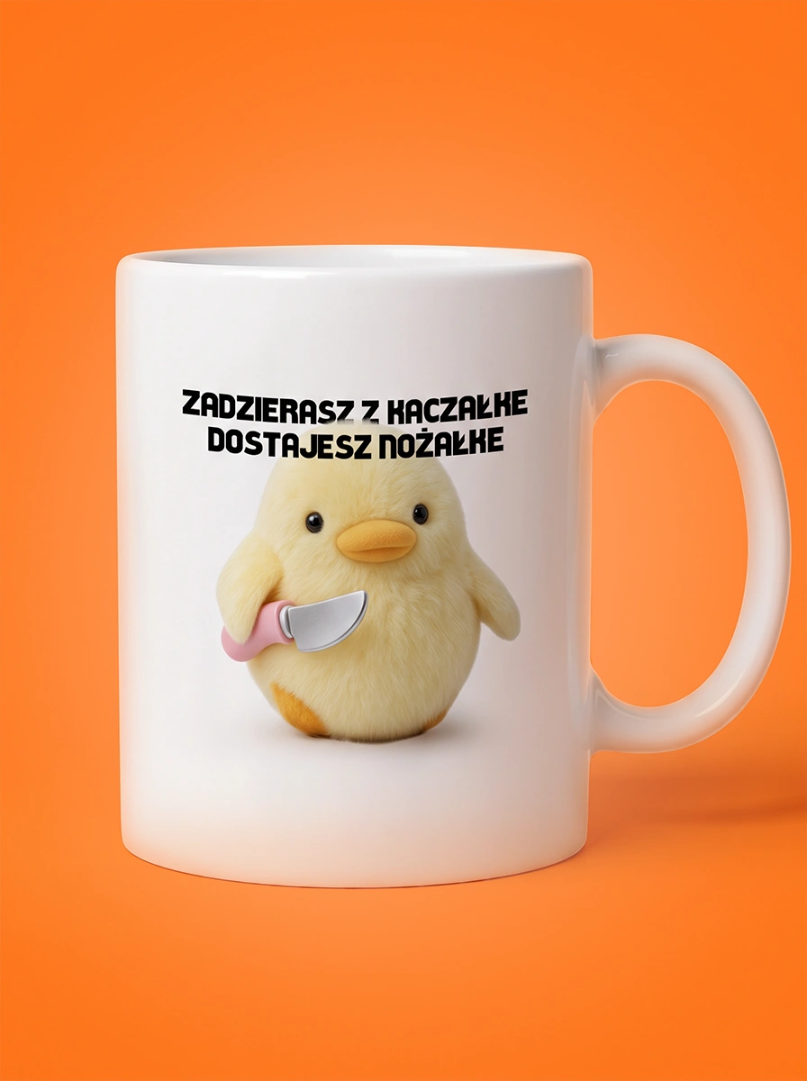 Biały ceramiczny kubek z nadrukiem puchatego żółtego pisklęcia trzymającego nóż oraz napisem zadzierasz z kaczałke dostajesz nożałke