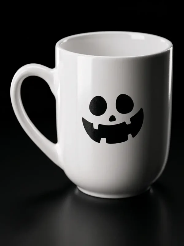 Biały ceramiczny kubek z nadrukiem demonicznej twarzy z wyciętymi zębami oraz ociekającego napisu wrrr